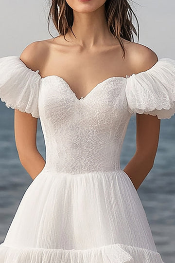 Ivory A Line Off the Shoulder Lace Short Engagement Dress with Ruffles